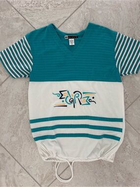 Vintage Blast Tribal Top Womens Small Teal Colorblock Ribbed Drawstring Shirt